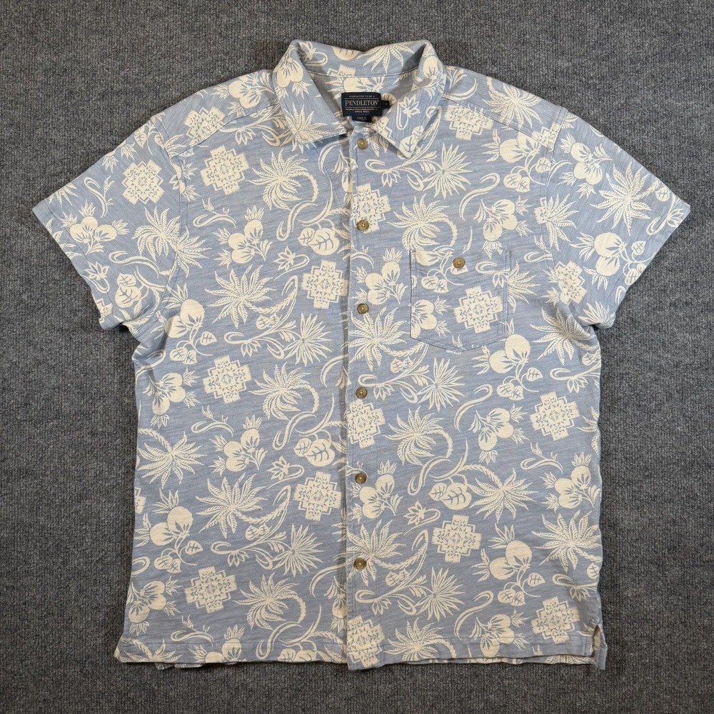 Pendleton Mens L Wayside Knit Button Up Short Sleeve Cotton Shirt Blue Tropical